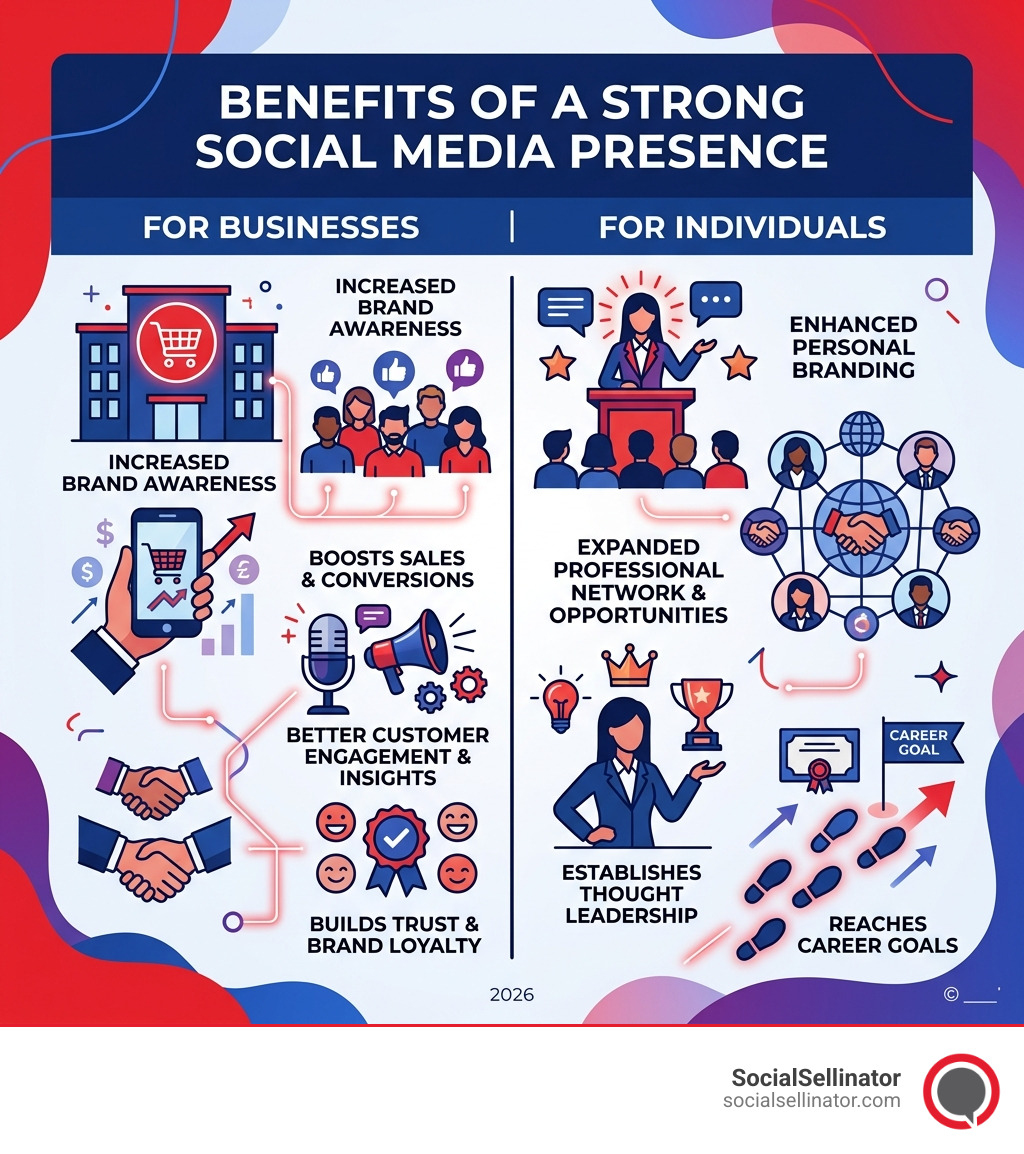 Infographic illustrating the benefits of a strong social media presence for businesses and individuals. - tips for improving Infographic illustrating the benefits of a strong social media presence for businesses and individuals. - tips for improving