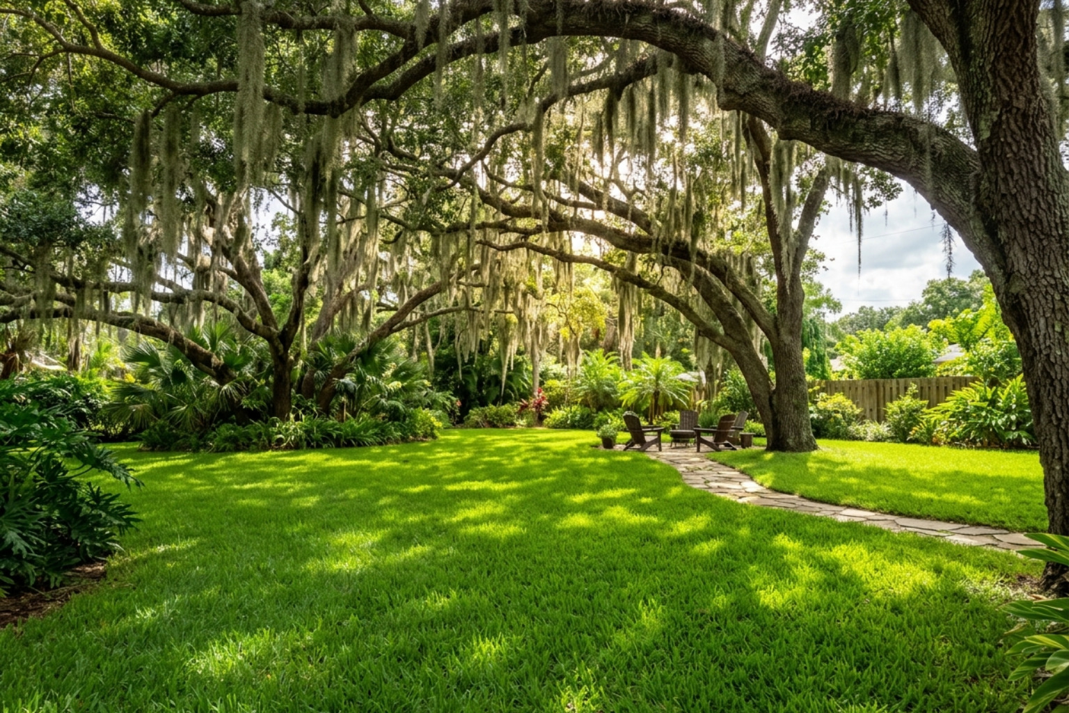 Healthy green turf growing successfully under mature oak trees in a Lutz backyard - landscaping lutz fl Healthy green turf growing successfully under mature oak trees in a Lutz backyard - landscaping lutz fl