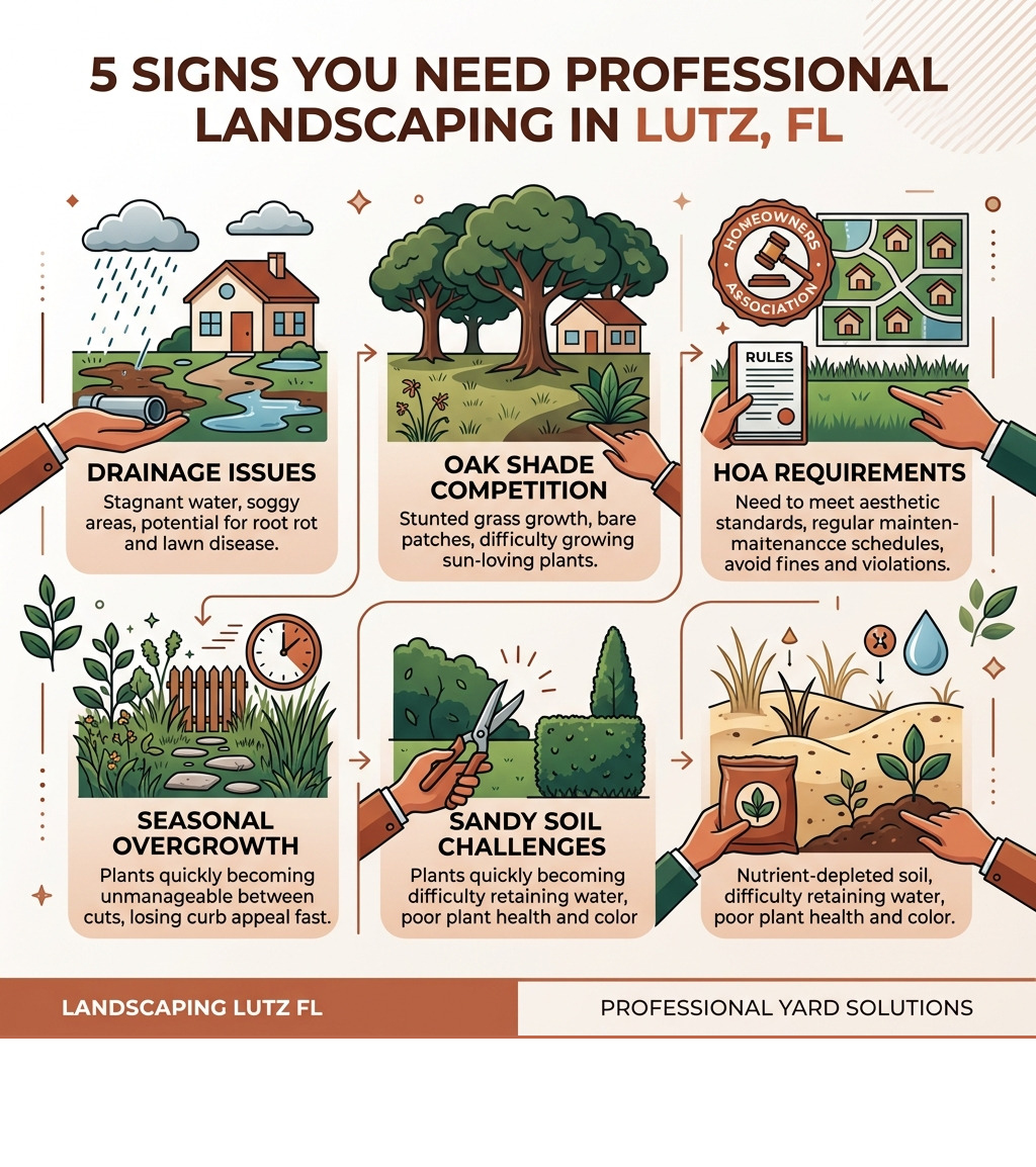 Infographic showing 5 signs you need professional landscaping in Lutz FL: drainage issues, oak shade competition, HOA Infographic showing 5 signs you need professional landscaping in Lutz FL: drainage issues, oak shade competition, HOA