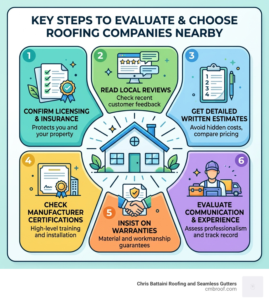 Infographic showing key steps to evaluate and choose roofing companies nearby - roofing companies nearby infographic Infographic showing key steps to evaluate and choose roofing companies nearby - roofing companies nearby infographic
