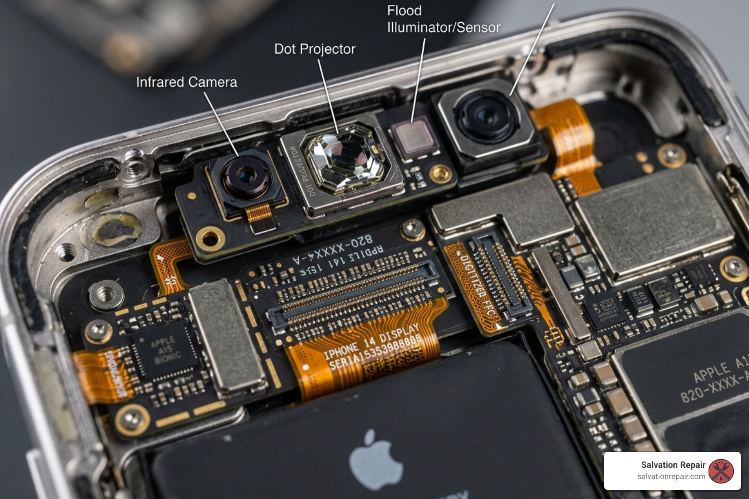 Internal view of iPhone 14 showing the complex sensor array and display connectors - iphone 14 screen replacement cost Internal view of iPhone 14 showing the complex sensor array and display connectors - iphone 14 screen replacement cost
