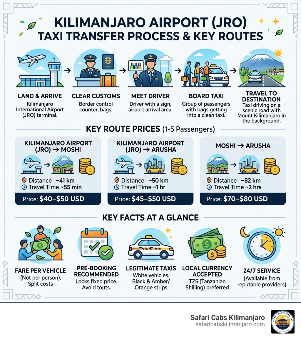Infographic showing Kilimanjaro Airport taxi transfer process steps and key route prices - taxi moshi infographic 