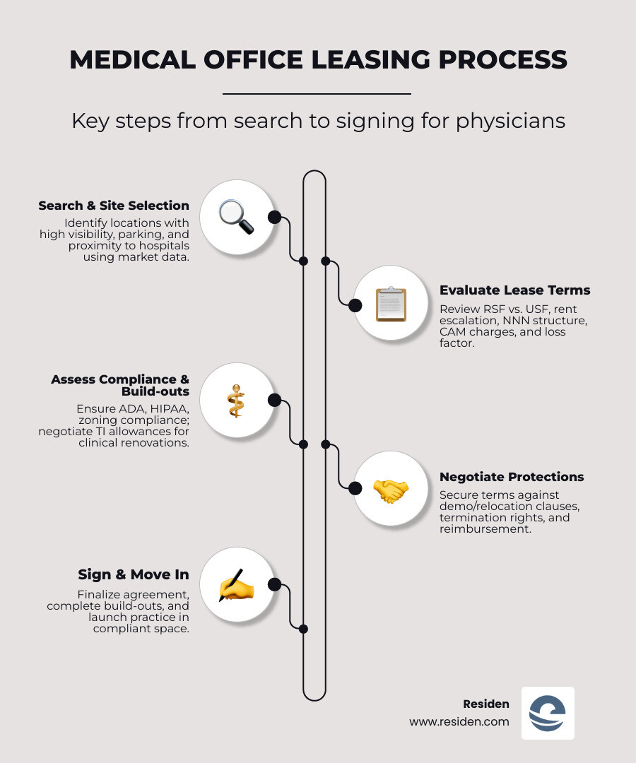 Steps in the medical office leasing process from search to signing - medical office space leasing infographic Steps in the medical office leasing process from search to signing - medical office space leasing infographic