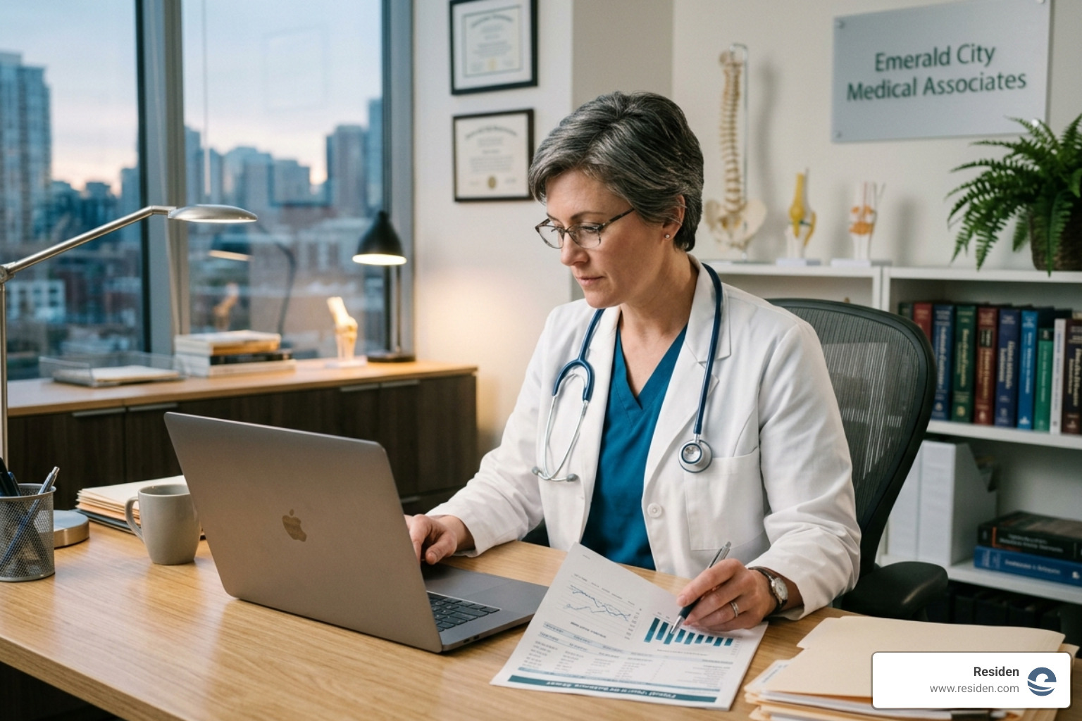 A doctor reviewing a financial balance sheet for a medical practice - medical office space leasing A doctor reviewing a financial balance sheet for a medical practice - medical office space leasing