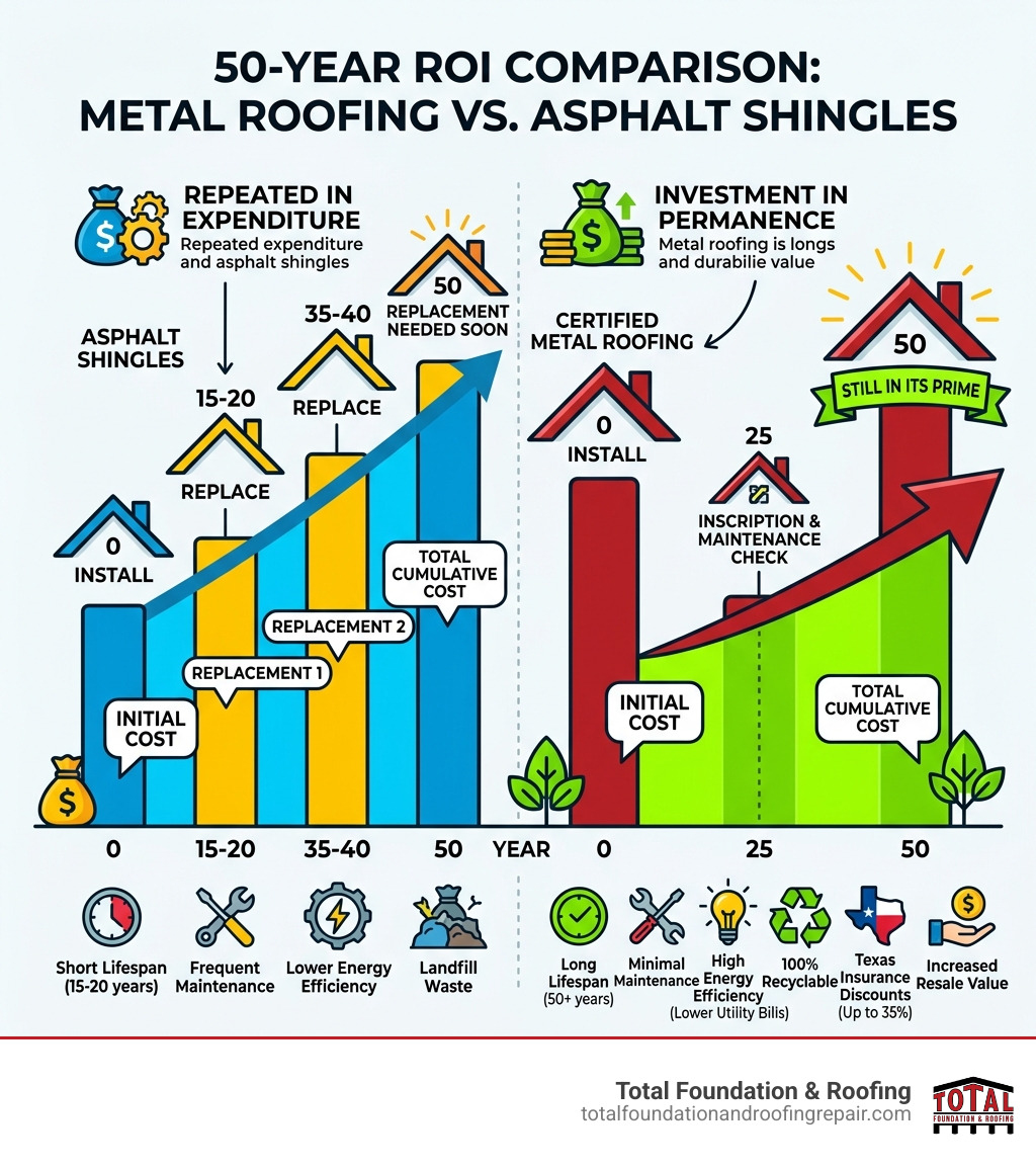 Infographic showing the ROI of metal roofing over 50 years compared to asphalt shingles - certified metal roofing Kerrville Infographic showing the ROI of metal roofing over 50 years compared to asphalt shingles - certified metal roofing Kerrville