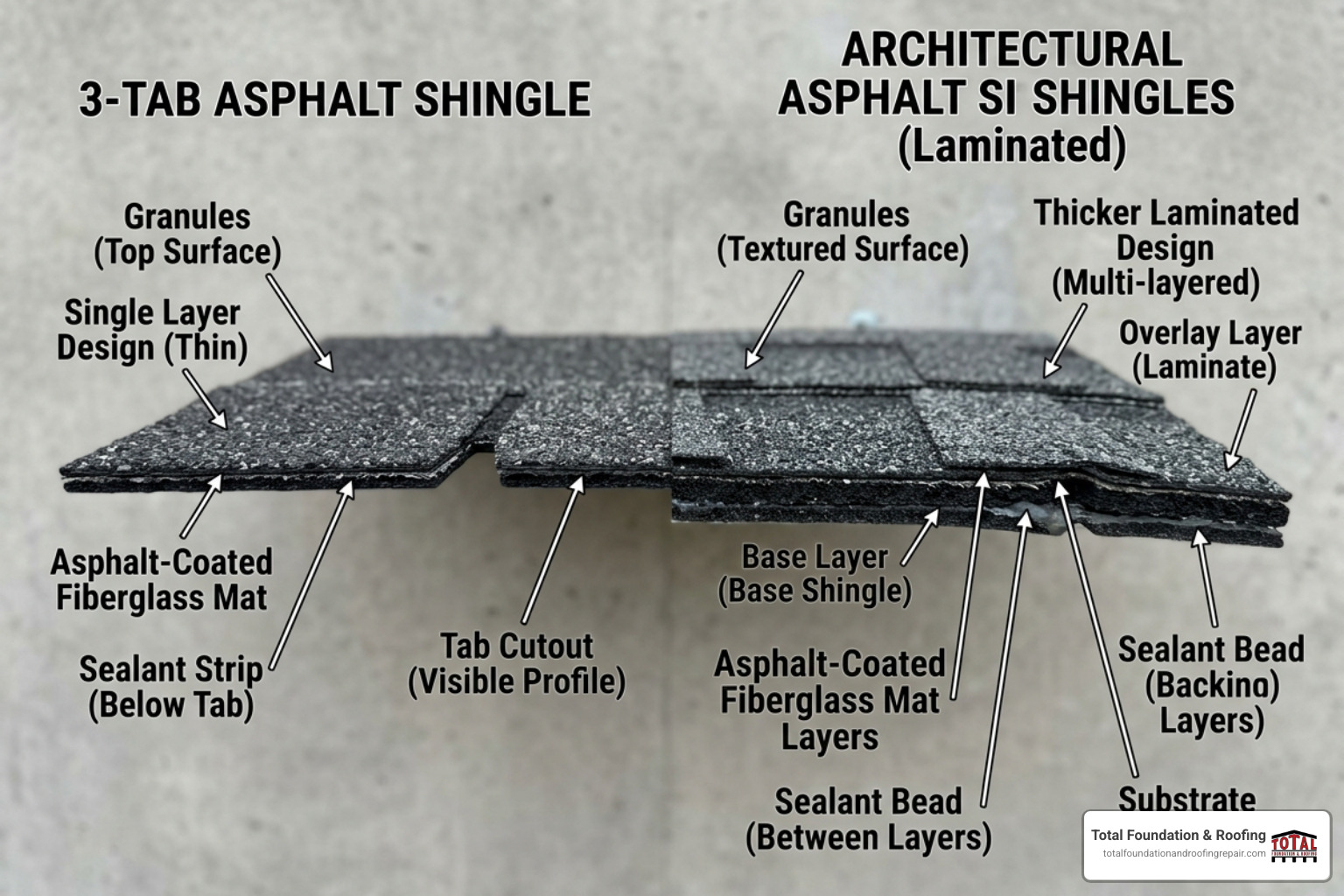 Comparison of 3-tab shingles vs architectural shingles showing layering differences - 3 tab 20 year shingles