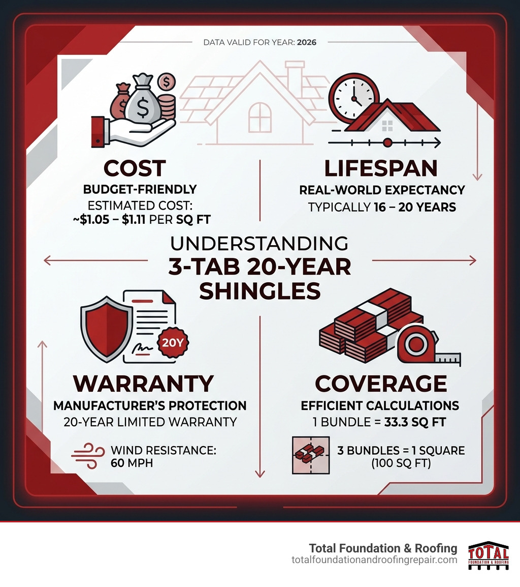 Infographic showing key facts about 3 tab 20 year shingles including cost, coverage, lifespan, and warranty - 3 tab 20 year