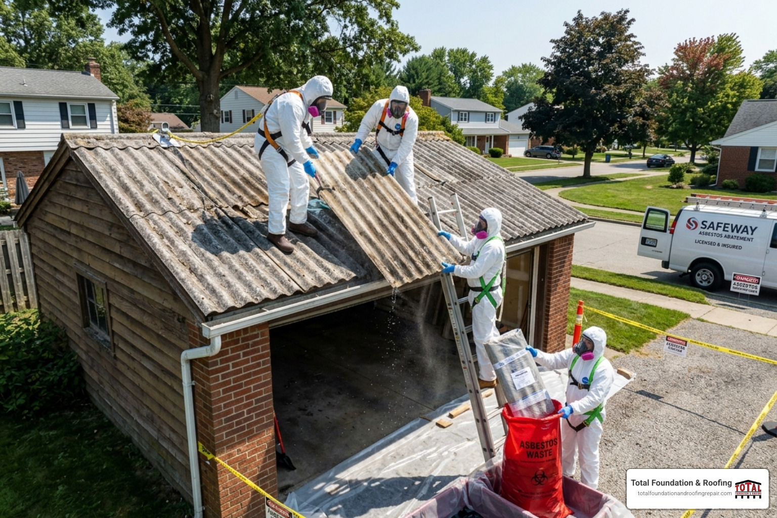 professional team in PPE removing asbestos roof sheets - asbestos garage roof replacement