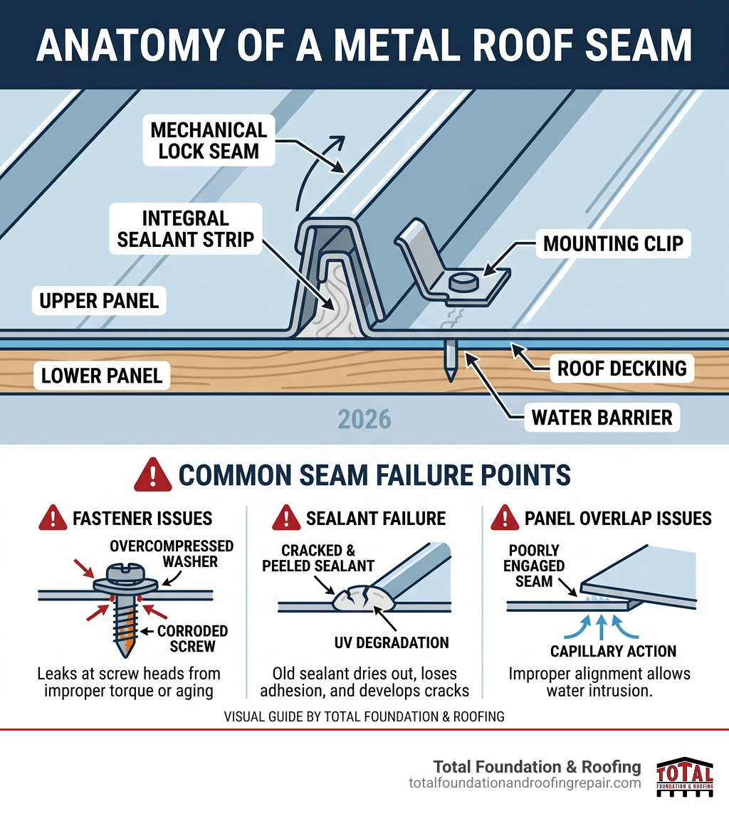 Infographic showing anatomy of a metal roof seam and common failure points like fasteners, sealant, and panel overlap