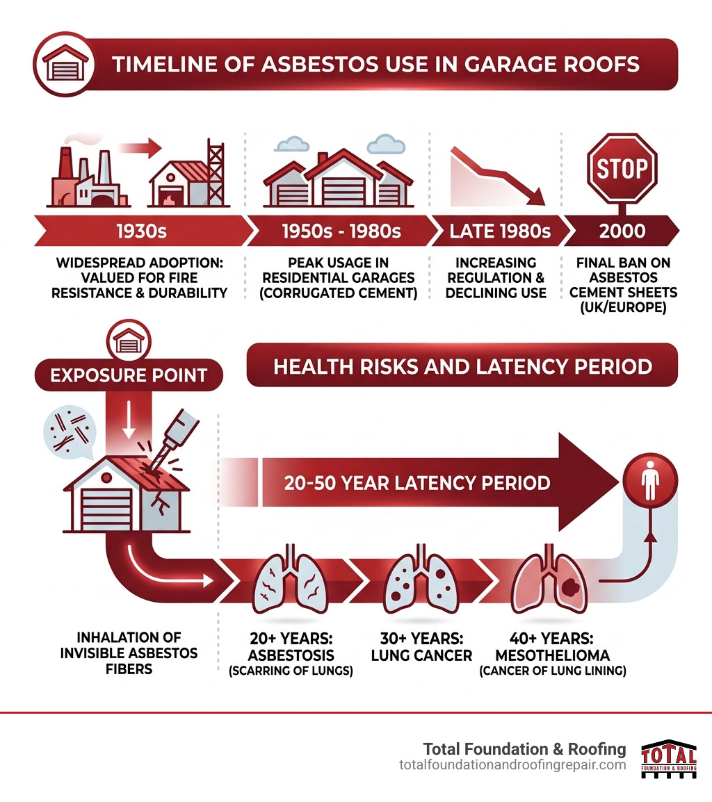 Timeline of asbestos use in garage roofs and 20-50 year latency period for related health diseases - asbestos garage roof