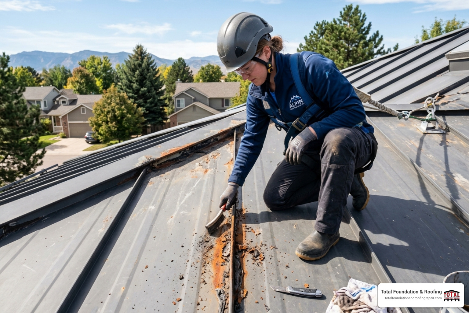 Technician cleaning a metal roof seam with a wire brush to remove rust and old sealant - metal roof seam repair