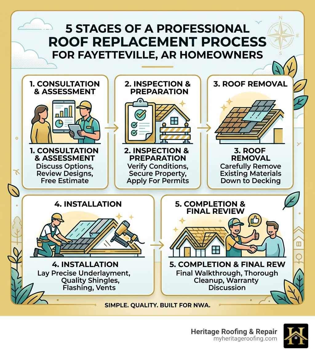 5 stages of a professional roof replacement process infographic for Fayetteville AR homeowners - fayetteville ar roofing