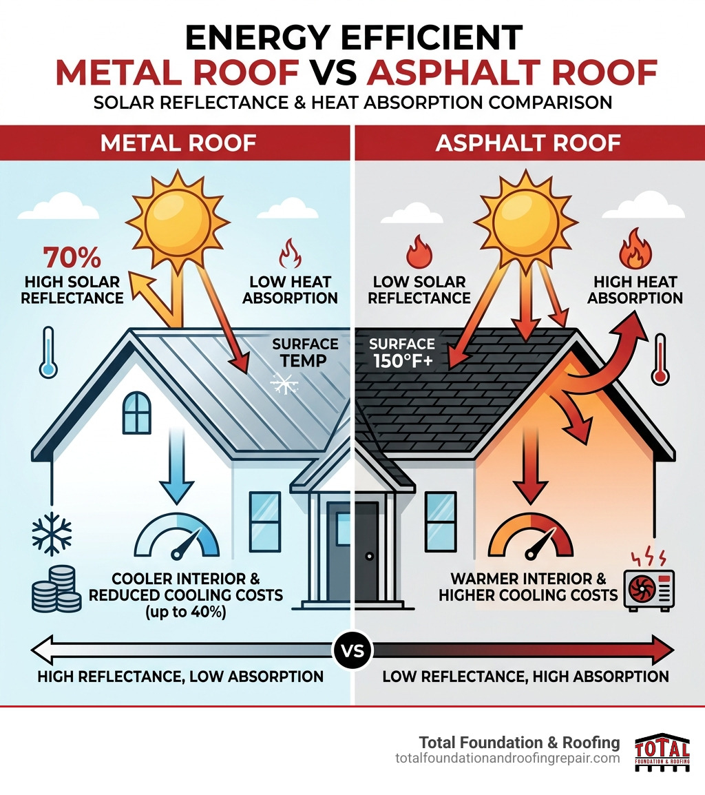 Infographic showing solar reflectance vs heat absorption comparison between metal and asphalt roofs - Energy efficient metal