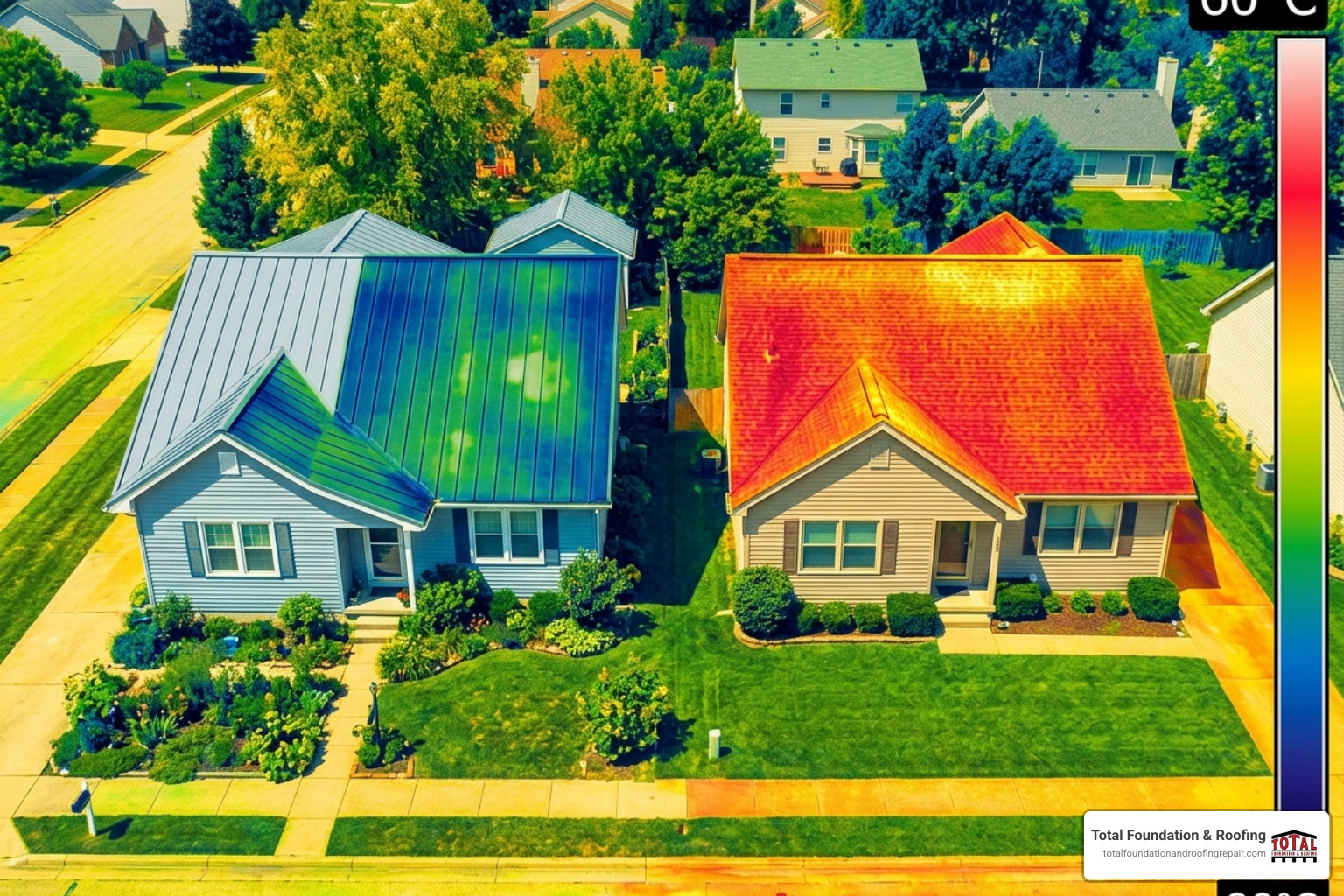 Thermal imaging showing a cool metal roof vs a hot asphalt roof - Energy efficient metal roof