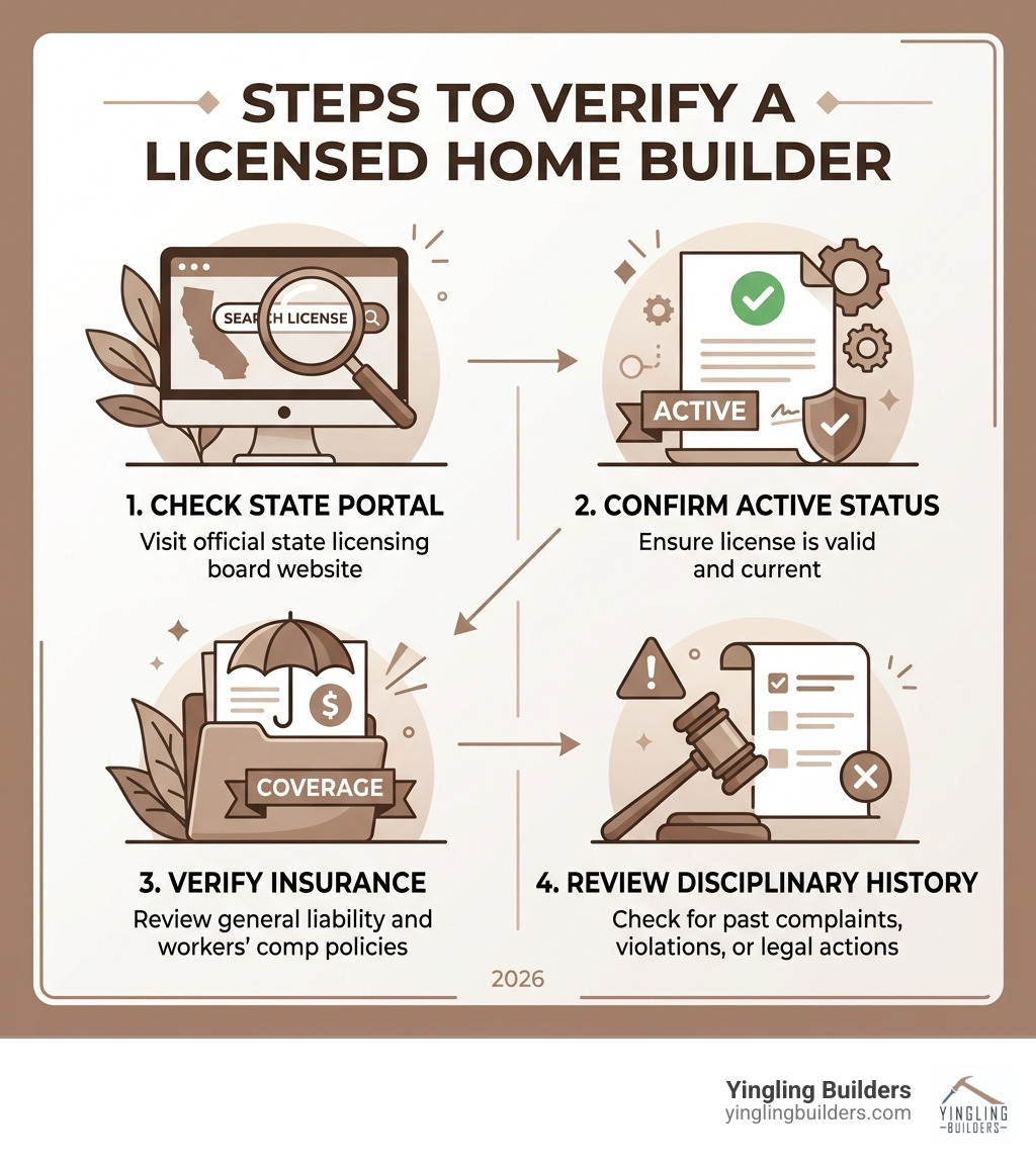 Steps to verify a licensed home builder: check state portal, confirm active status, verify insurance, review disciplinary