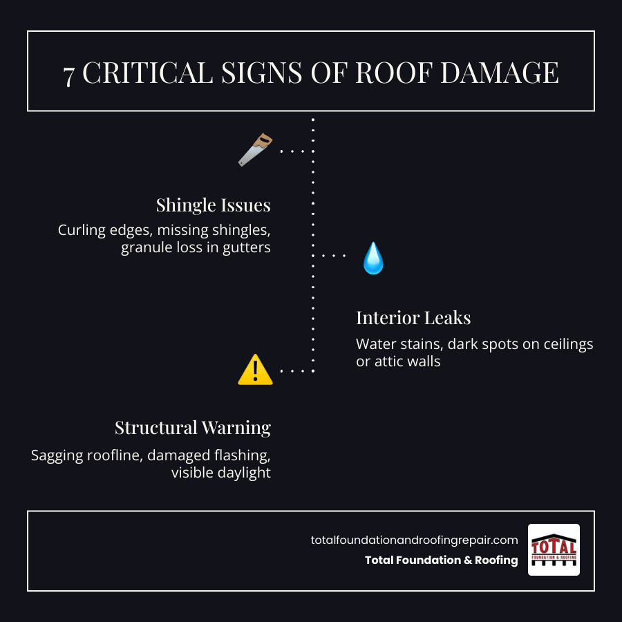 Infographic showing the 7 most common signs of roof damage with visual examples for each - signs of roof damage infographic