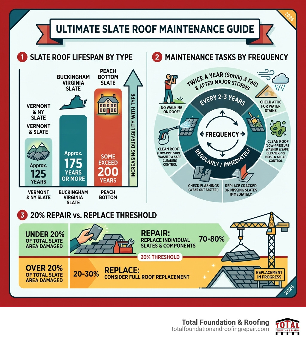 Infographic showing slate roof lifespan by type, maintenance tasks by frequency, and the 20% repair vs. replace threshold