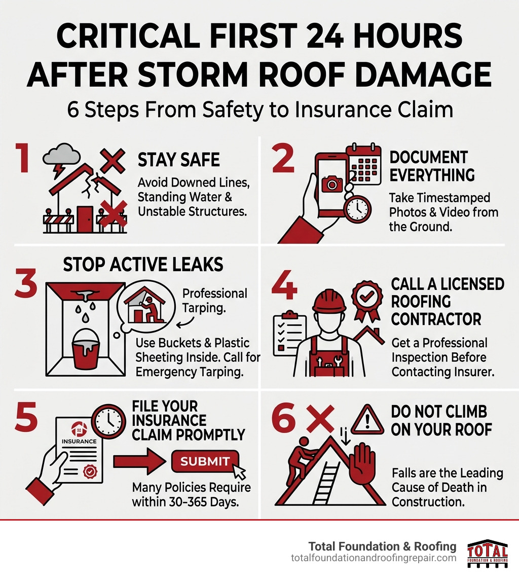 Infographic: Critical first 24 hours after storm roof damage — 6 steps from safety to insurance claim - storm damage