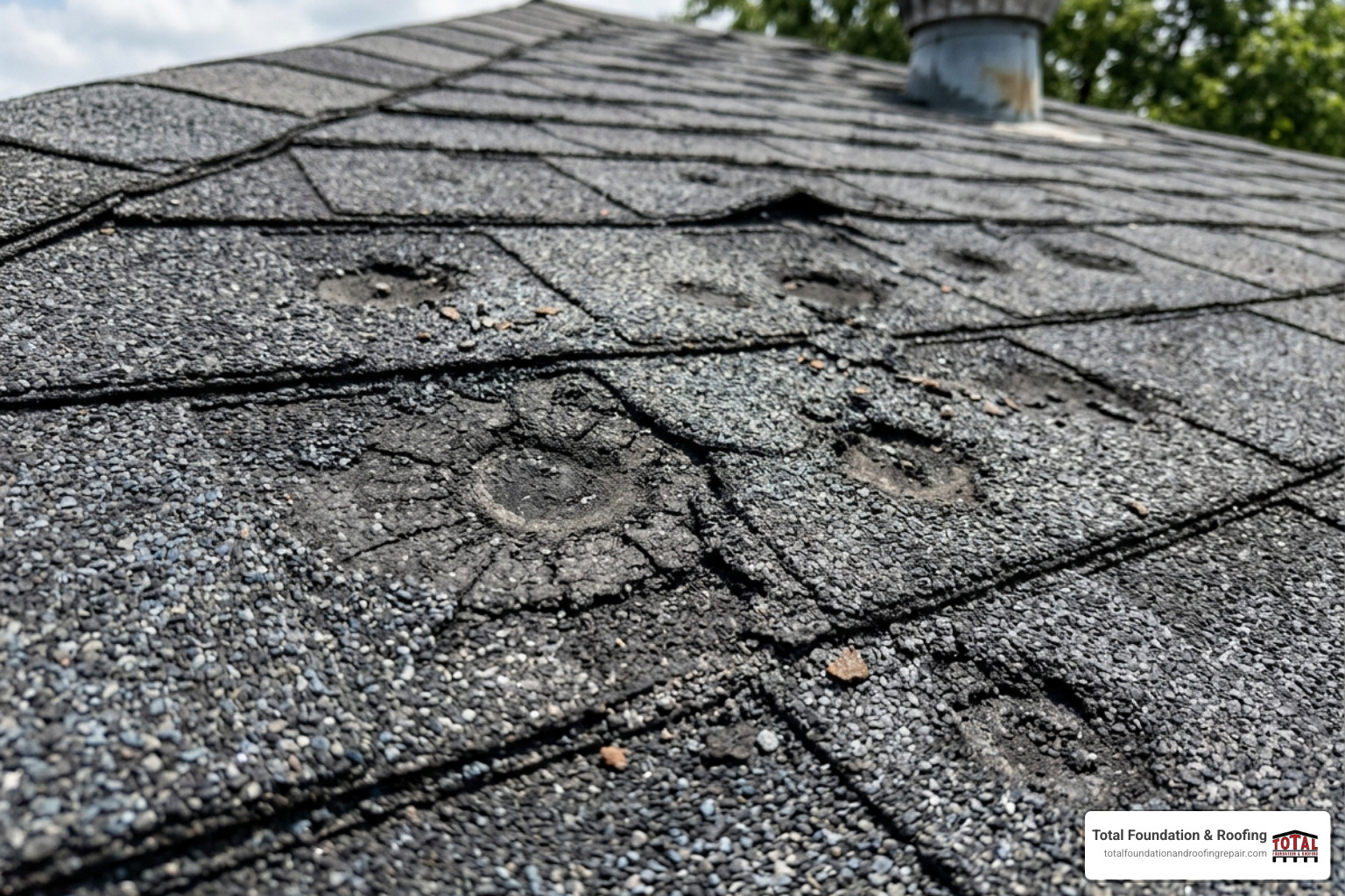 hail-damaged asphalt shingles showing granule loss and bruising - storm damage restoration roof