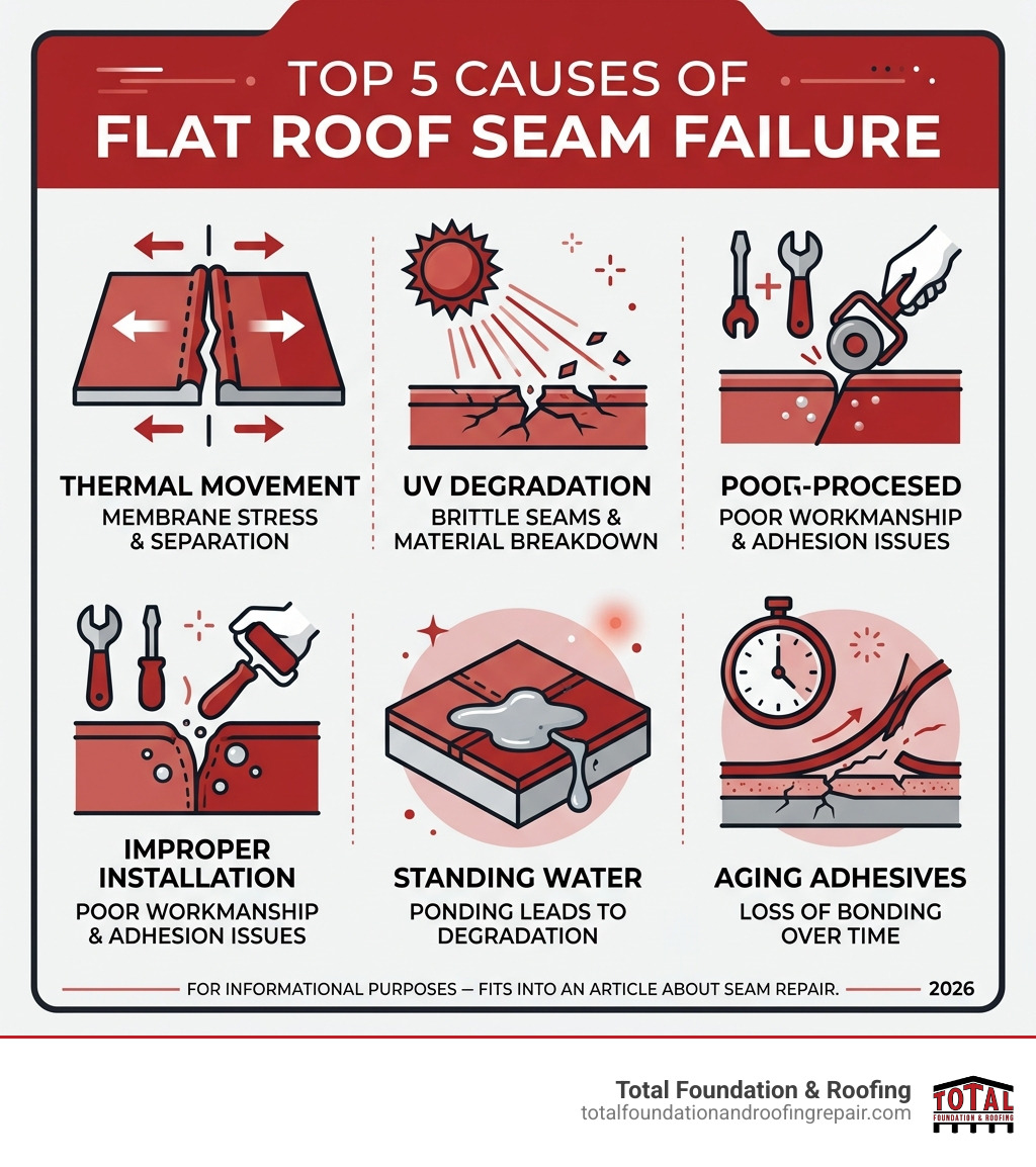 Infographic showing top 5 causes of flat roof seam failure: thermal movement, UV degradation, improper installation