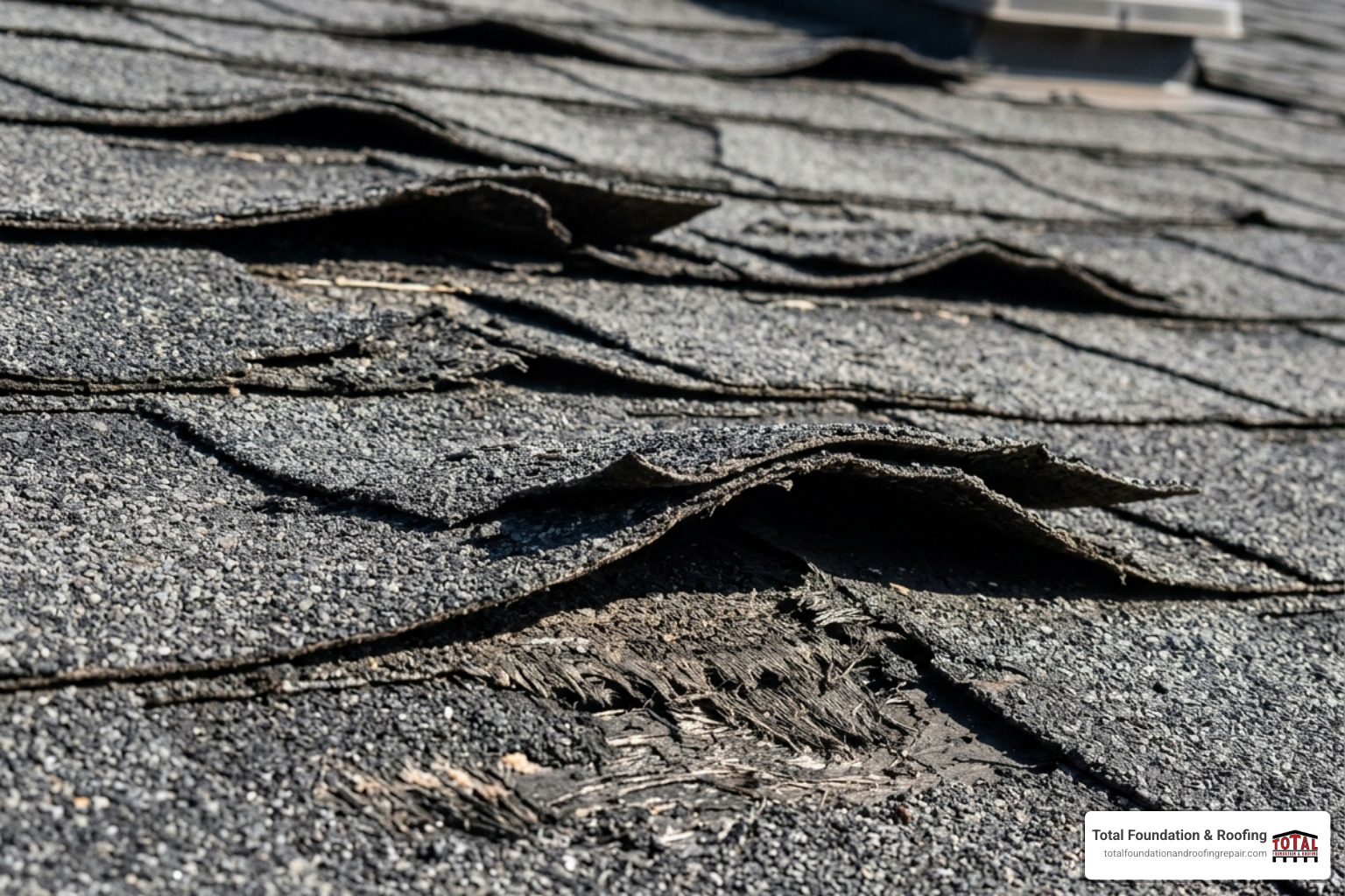 curling asphalt shingles on a residential roof - signs of roof damage