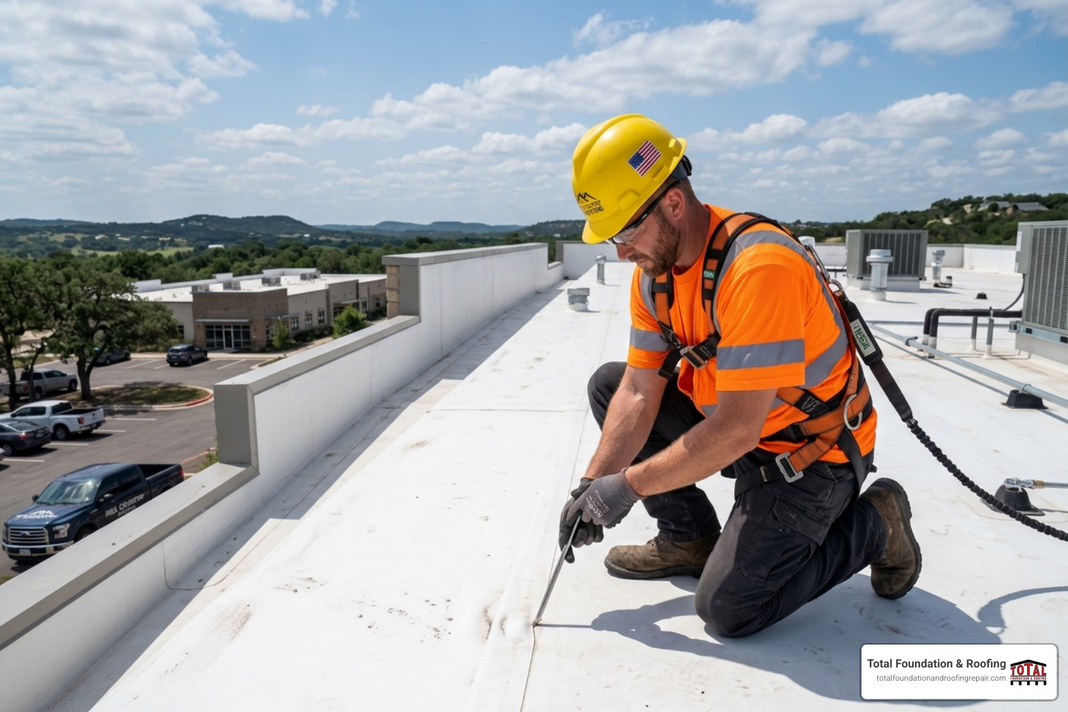 professional roofing contractor probing a TPO seam with a specialized metal tool - Flat roof seam repair