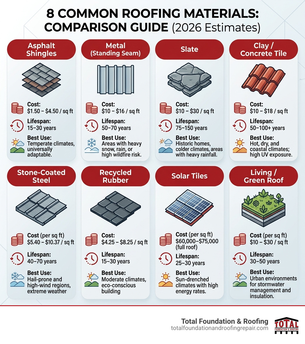 Infographic showing 8 common roofing materials with cost per sq ft, lifespan, and best climate use cases - roofing materials