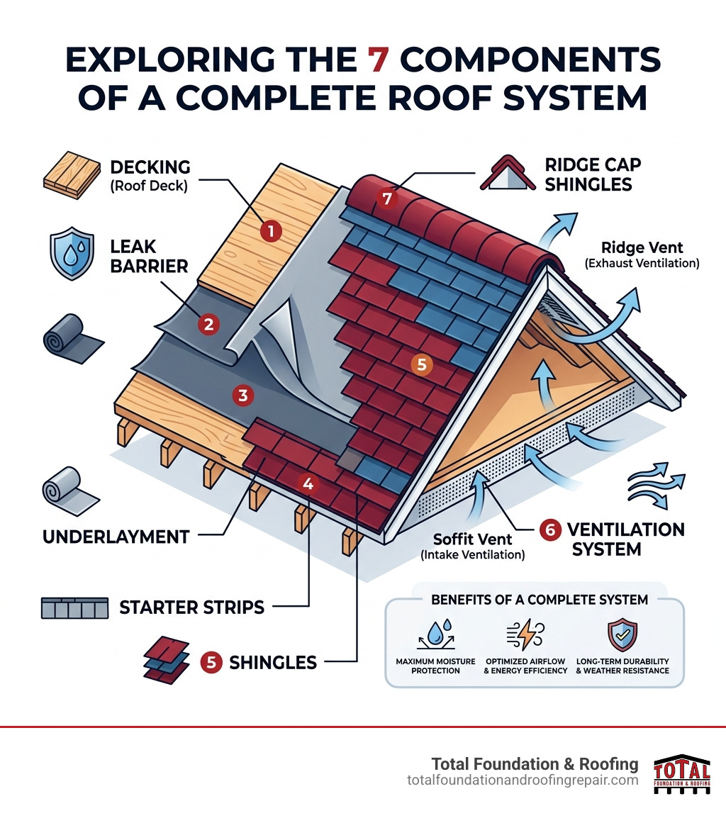 Infographic explaining the 7 components of a complete roof system including decking, leak barrier, and ventilation - roofing