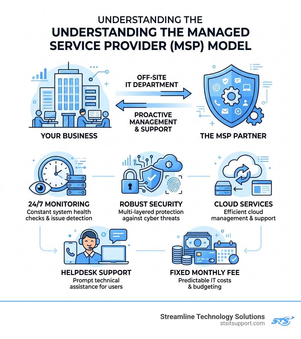 Infographic explaining the Managed Service Provider model: monitoring, security, cloud, helpdesk, fixed monthly fee Infographic explaining the Managed Service Provider model: monitoring, security, cloud, helpdesk, fixed monthly fee