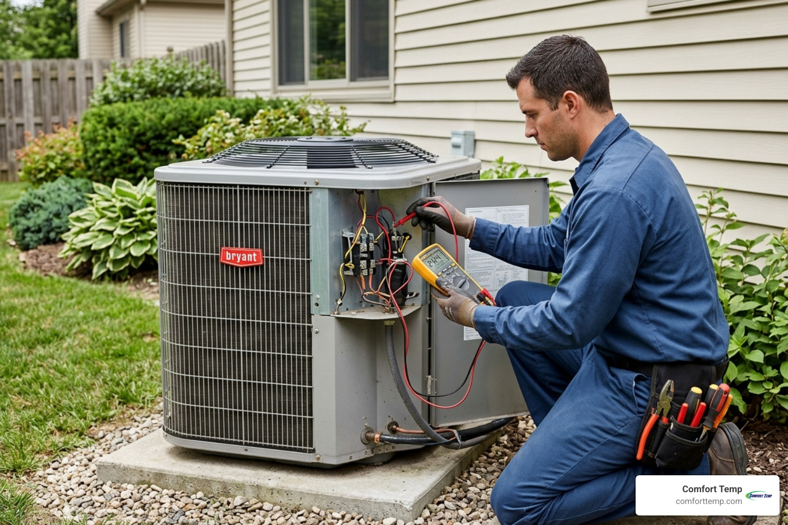 Technician in blue uniform using a multimeter to check electrical connections in a central AC unit - AC maintenance company Technician in blue uniform using a multimeter to check electrical connections in a central AC unit - AC maintenance company