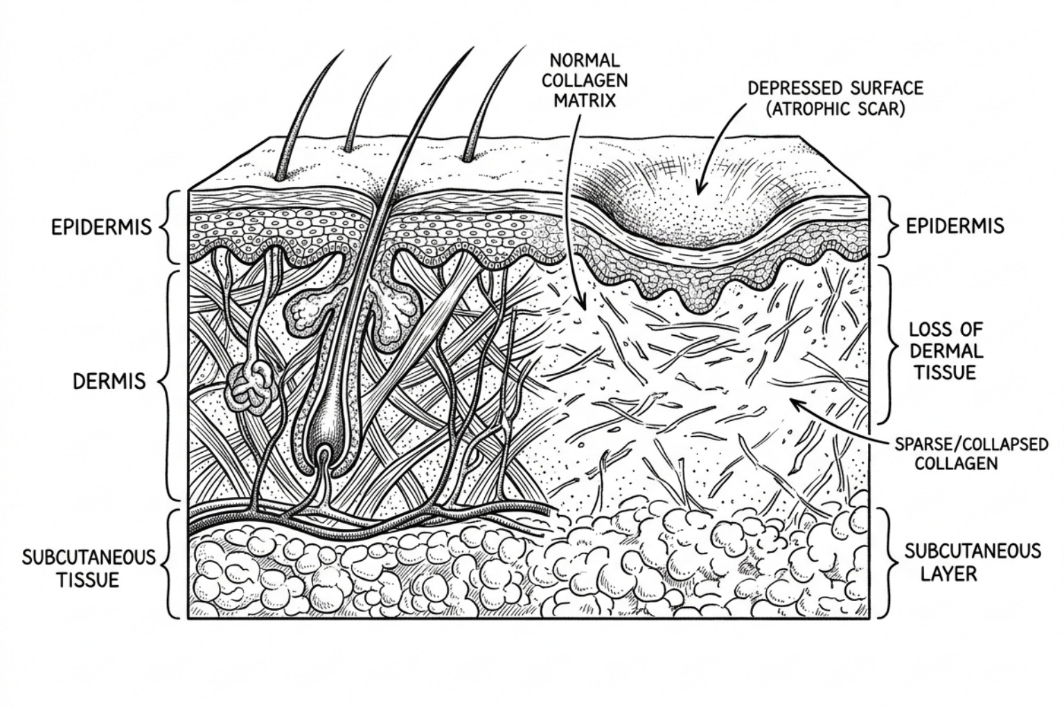 skin cross-section showing tissue loss - atrophic scar filling treatments skin cross-section showing tissue loss - atrophic scar filling treatments