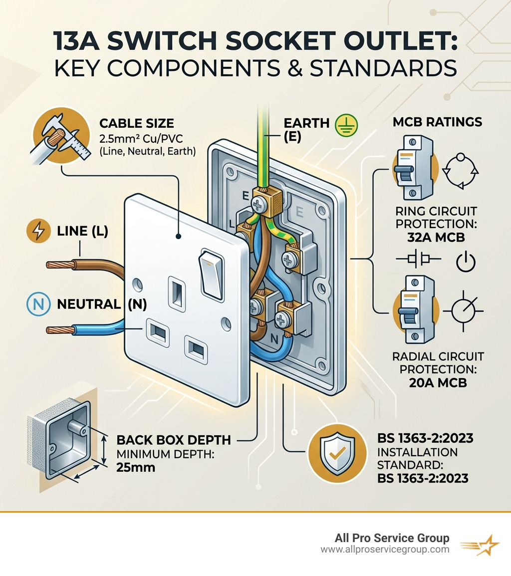 Infographic showing 13A socket components: Line, Neutral, Earth, MCB ratings, cable size, and back box depth - 13a switch