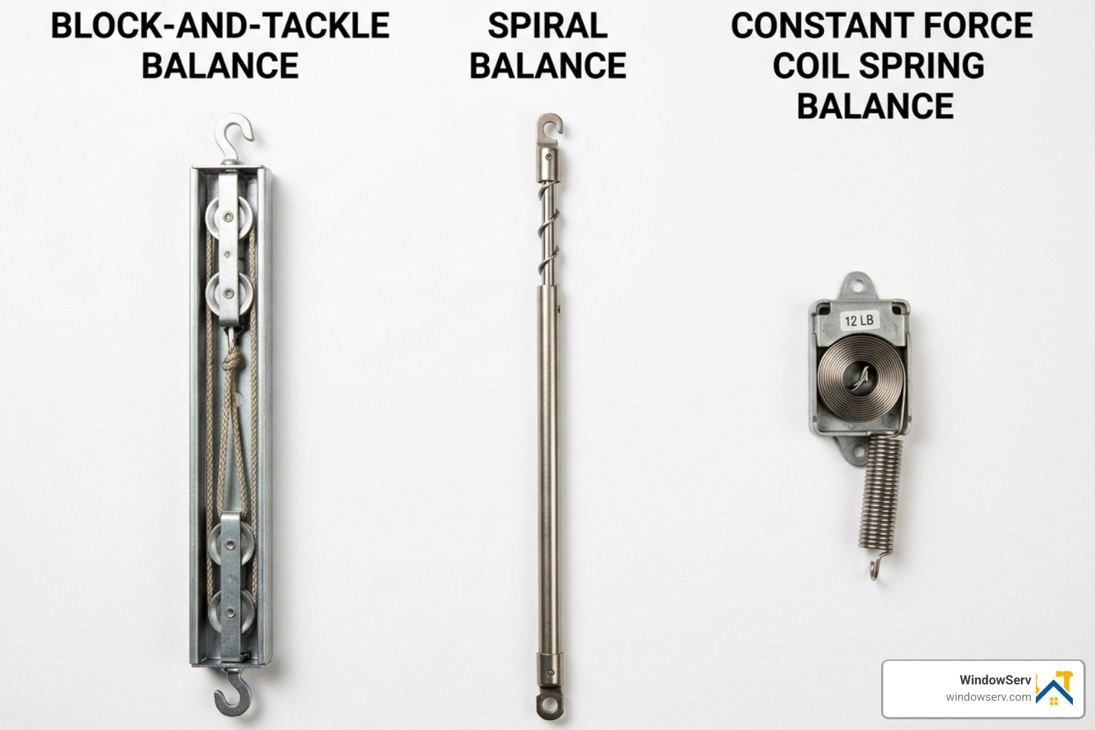 Comparison of block-and-tackle, spiral, and constant force window balances - single hung window balance repair Comparison of block-and-tackle, spiral, and constant force window balances - single hung window balance repair