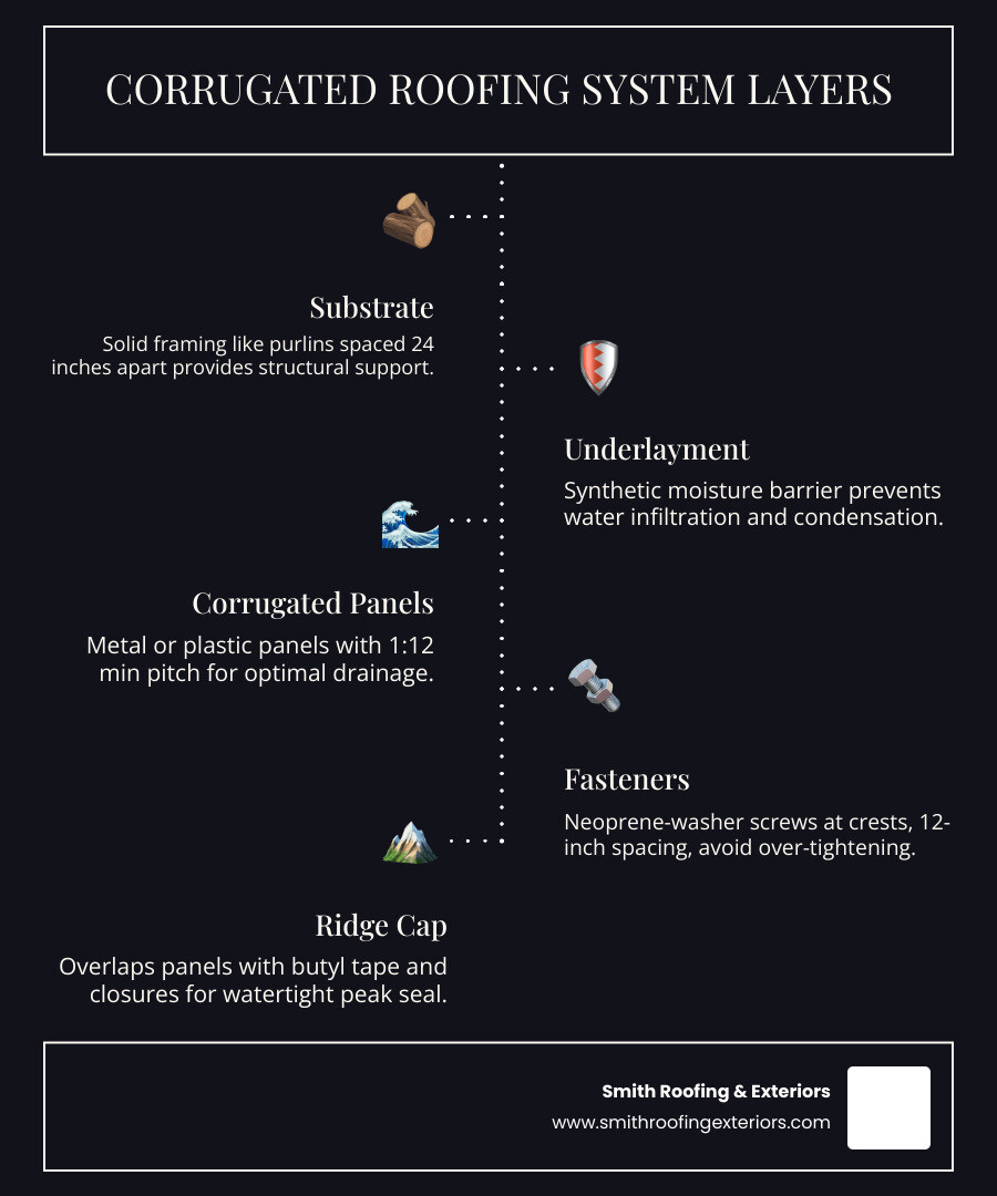 Corrugated roofing system layers from substrate to ridge cap infographic - corrugated roof installation infographic Corrugated roofing system layers from substrate to ridge cap infographic - corrugated roof installation infographic