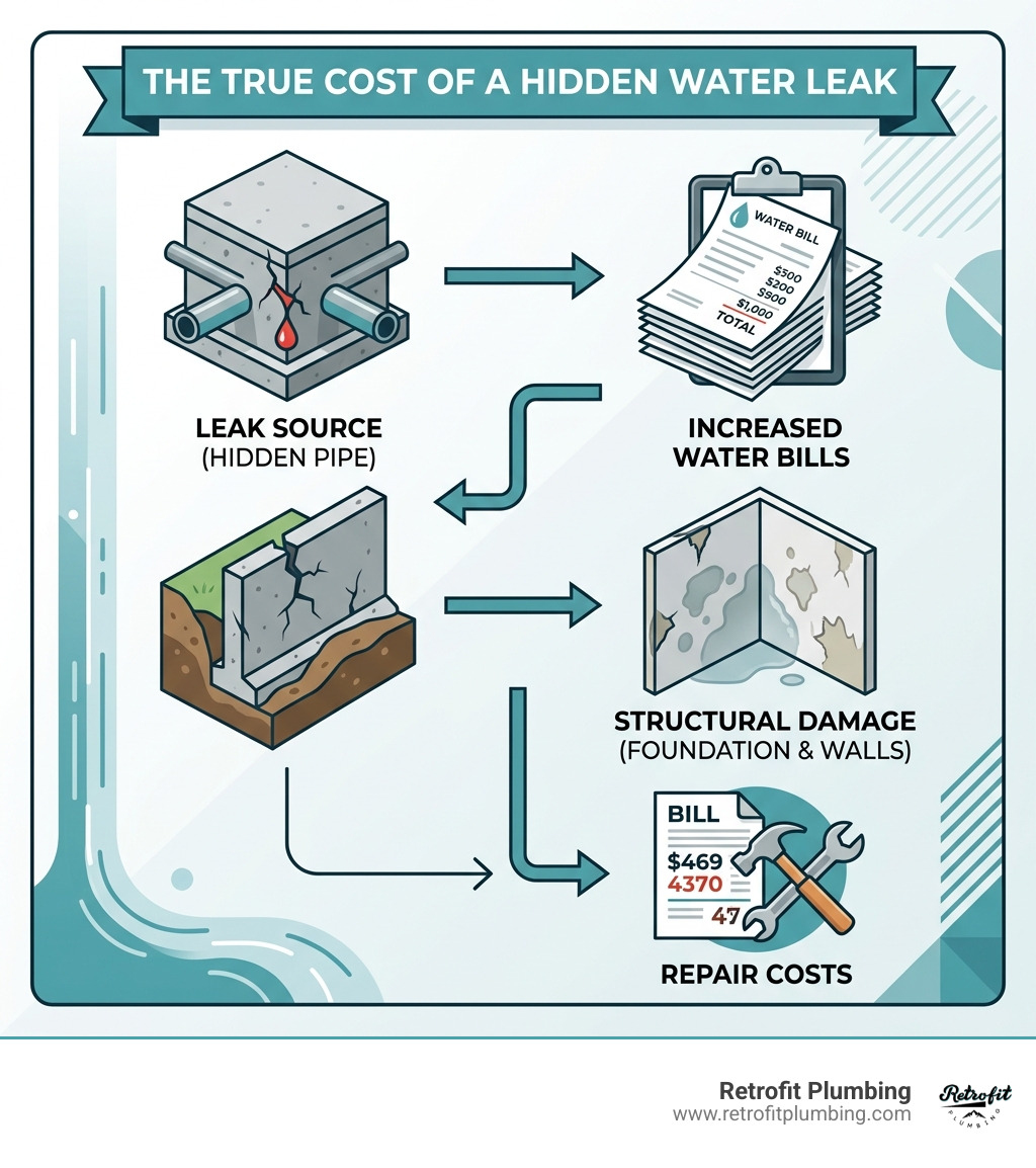 Infographic showing the path of a hidden pipe leak from source to structural damage, water bill impact, and repair costs Infographic showing the path of a hidden pipe leak from source to structural damage, water bill impact, and repair costs