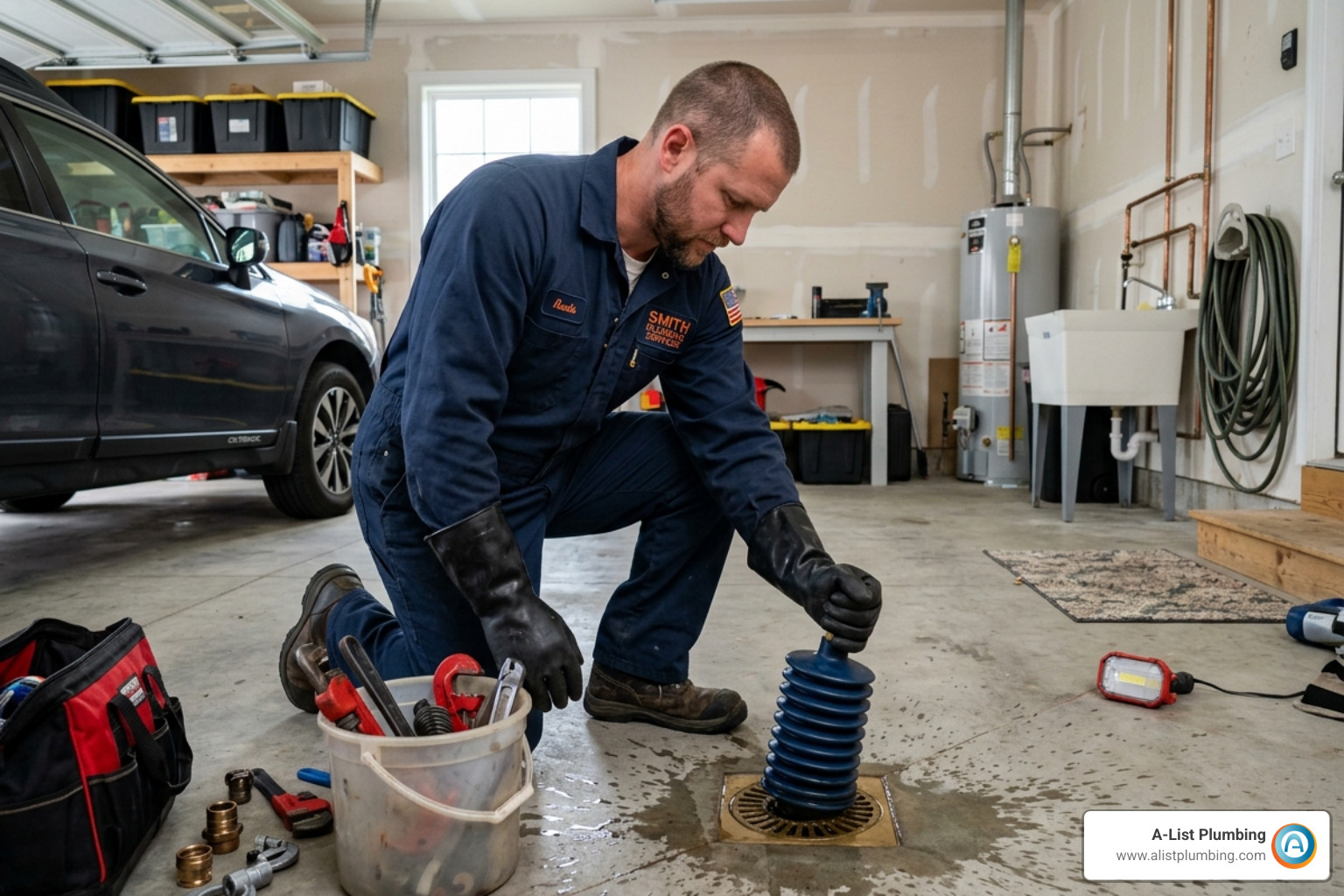 Plumber using an accordion plunger on a floor drain - unclog floor drain Plumber using an accordion plunger on a floor drain - unclog floor drain