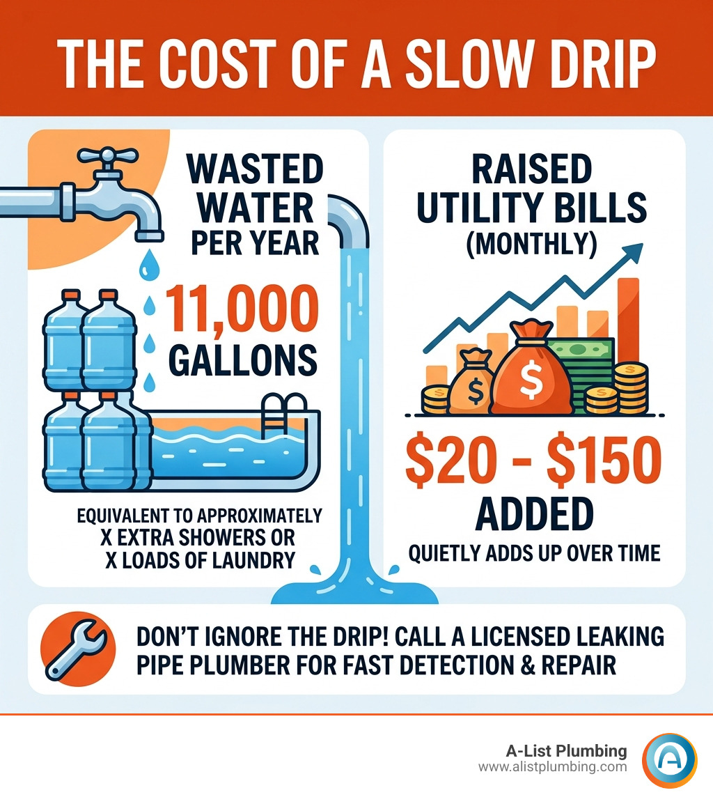Infographic showing how a slow drip wastes 11000 gallons per year and raises utility bills - leaking pipe plumber Infographic showing how a slow drip wastes 11000 gallons per year and raises utility bills - leaking pipe plumber