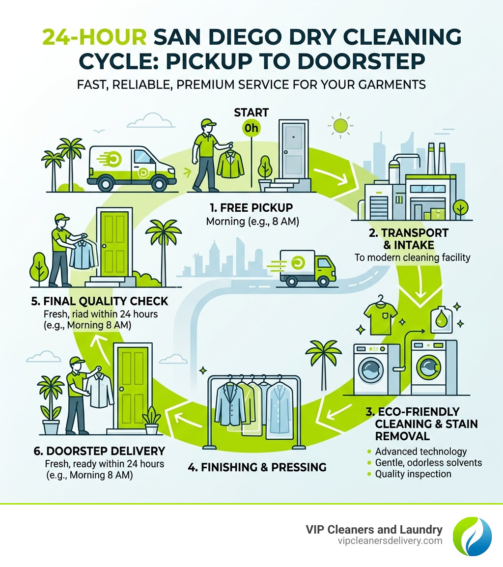 Infographic showing the 24-hour dry cleaning cycle from pickup to doorstep delivery in San Diego - same day dry cleaning san Infographic showing the 24-hour dry cleaning cycle from pickup to doorstep delivery in San Diego - same day dry cleaning san