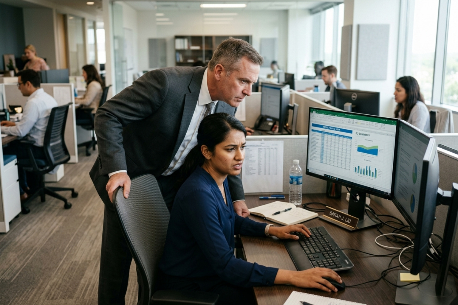 A Manager Hovering Over An Employee At A Desk Looking At Their Computer Screen - Leadership Weaknesses A Manager Hovering Over An Employee At A Desk Looking At Their Computer Screen - Leadership Weaknesses
