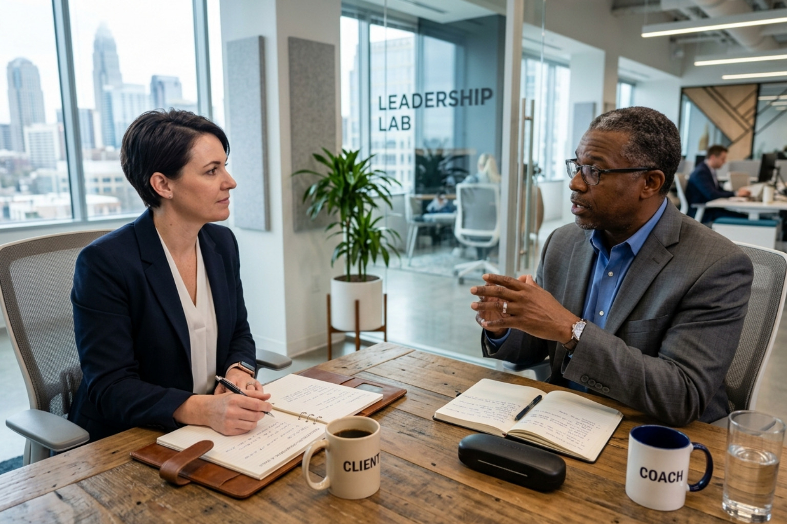 A Leader Sitting Across From A Coach Receiving Professional Feedback During A Session - Leadership Weaknesses A Leader Sitting Across From A Coach Receiving Professional Feedback During A Session - Leadership Weaknesses