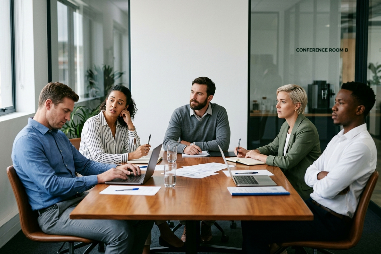 A Disconnected Corporate Team Sitting At A Table Looking In Different Directions - Leadership Weaknesses A Disconnected Corporate Team Sitting At A Table Looking In Different Directions - Leadership Weaknesses