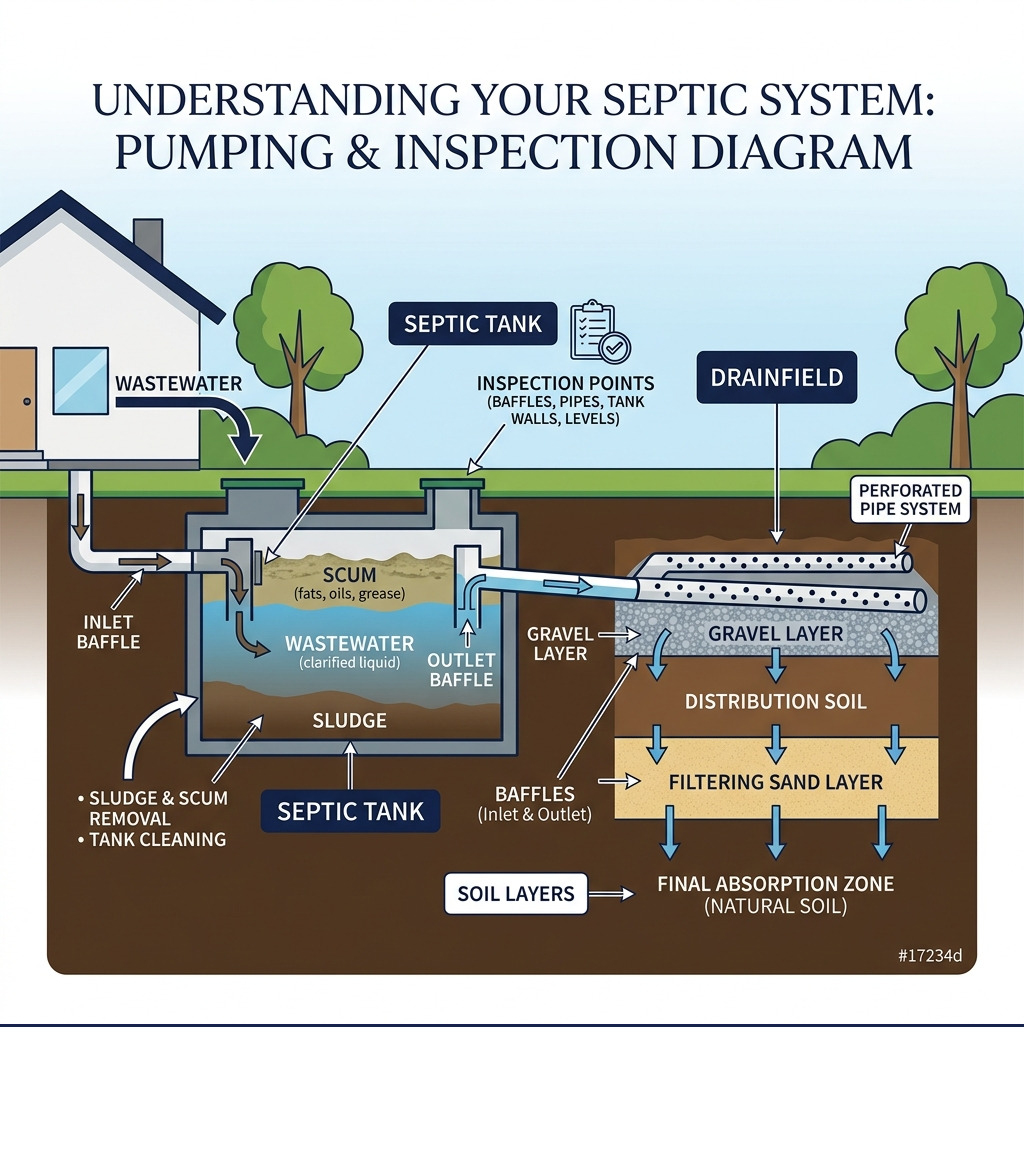 Diagram showing septic system components: tank, drainfield, baffles, and soil layers - septic pumping and inspection
