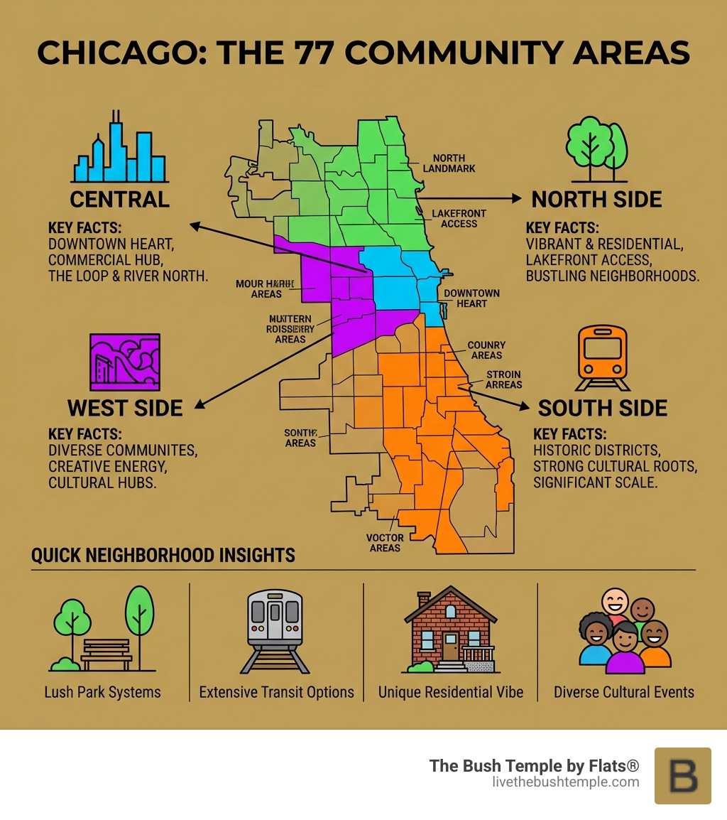 Chicago's 77 community areas map with regional breakdown and key neighborhood facts - neighborhood information chicago