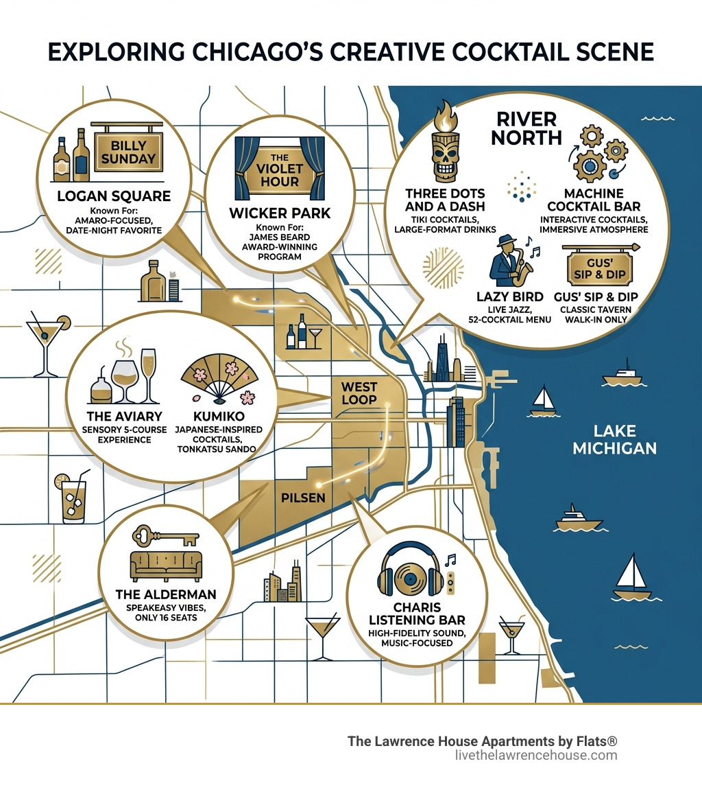 Map infographic of Chicago cocktail bar neighborhoods with bar names and key features per area - cocktail bars near chicago