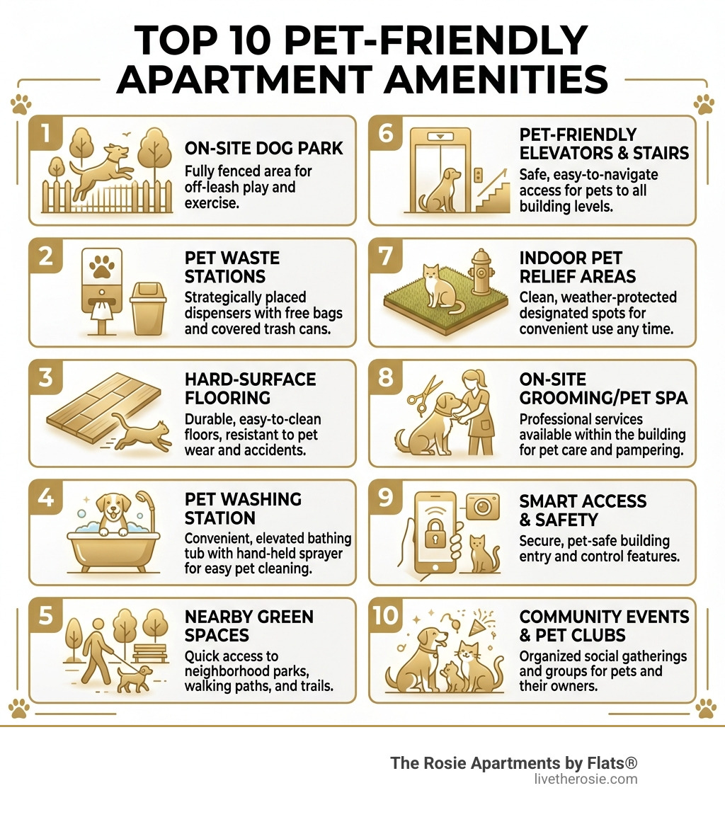 Top 10 pet-friendly apartment amenities infographic with icons and brief descriptions - amenities to look for in