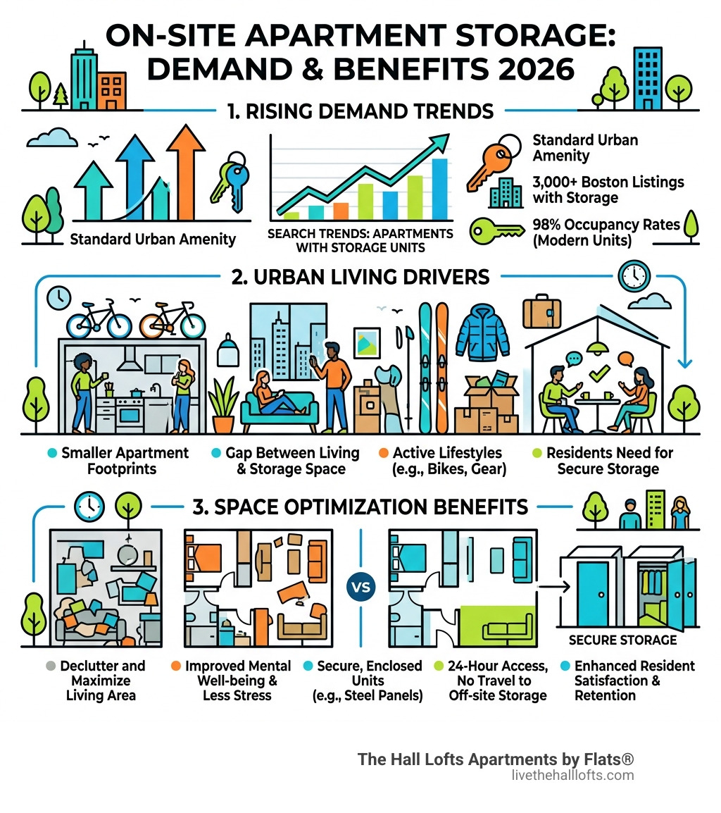 infographic showing rising demand for on-site apartment storage in 2026, urban living trends, and space optimization