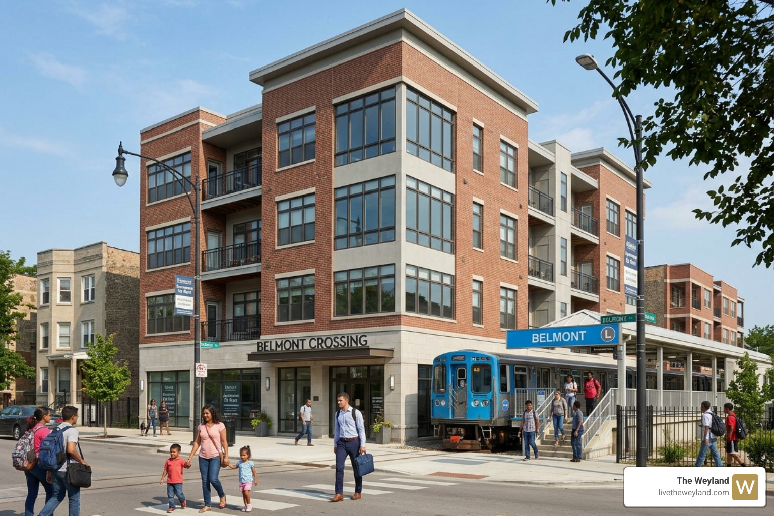 CTA Blue Line train arriving at the Western Station in Wicker Park - apartments near Blue Line
