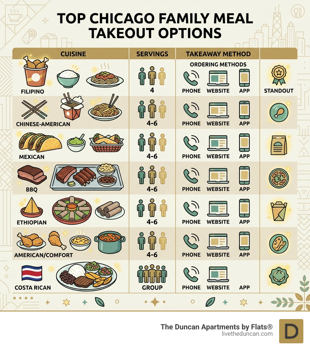 Infographic showing top Chicago family meal takeout options by cuisine, serving size, and ordering method - family meals Infographic showing top Chicago family meal takeout options by cuisine, serving size, and ordering method - family meals