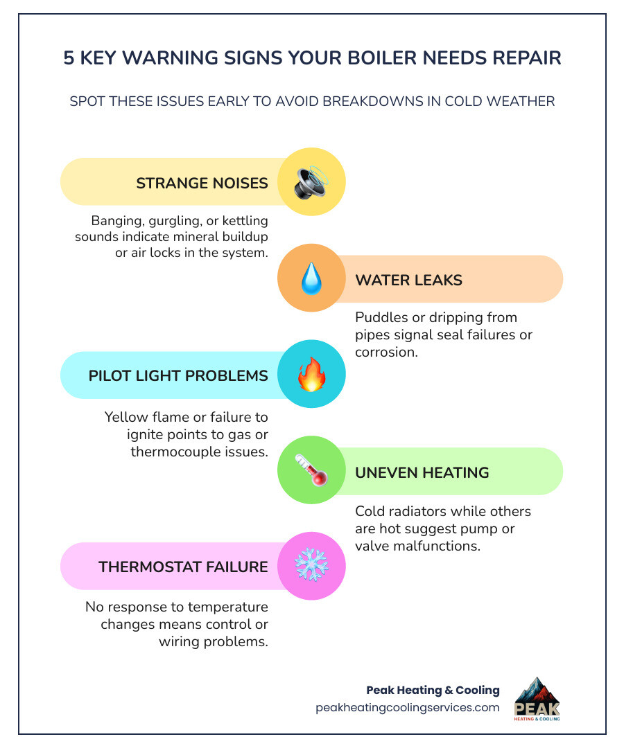 infographic showing common boiler problems, warning signs, repair vs replace decision, and maintenance schedule - boiler