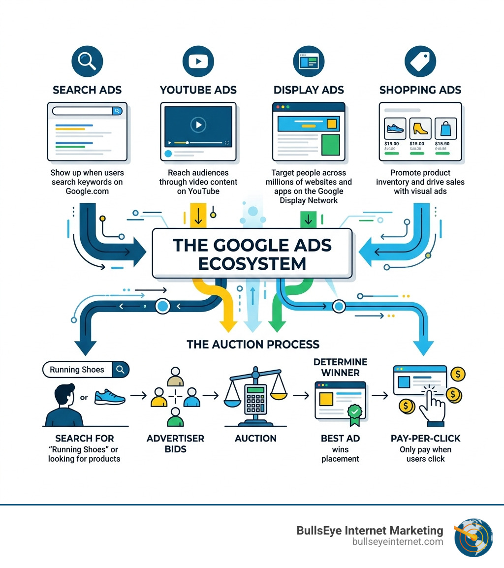 Infographic showing the Google Ads ecosystem including Search, YouTube, Display, Shopping, and the auction process - Google Google Ads ecosystem infographic illustrating search ads, YouTube ads, display ads, and shopping ads, with a flowchart detailing the auction process for ad placement, emphasizing key terms like "search for," "advertiser bids," "auction," and "pay-per-click," branded by BullsEye Internet Marketing.